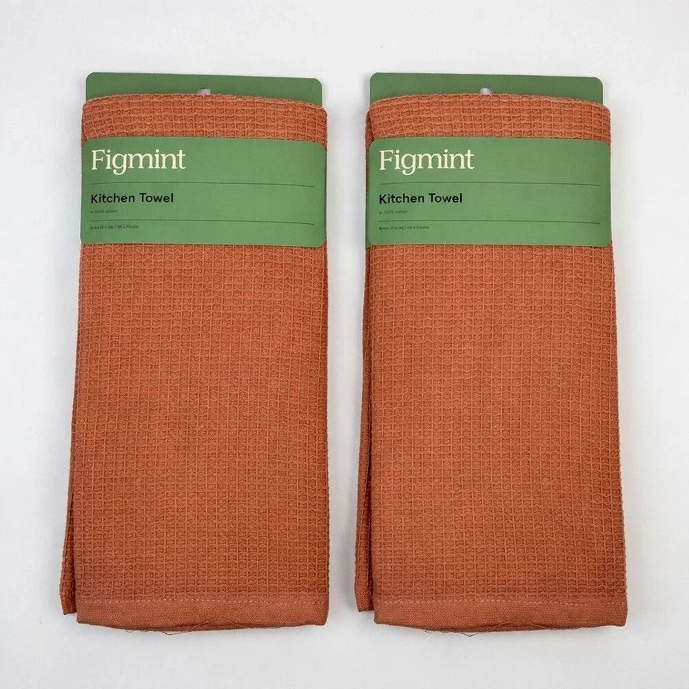 NEW 2 Pack Figmint Kitchen Towel Orange Brown 100% Cotton Waffle Weave 18x28
